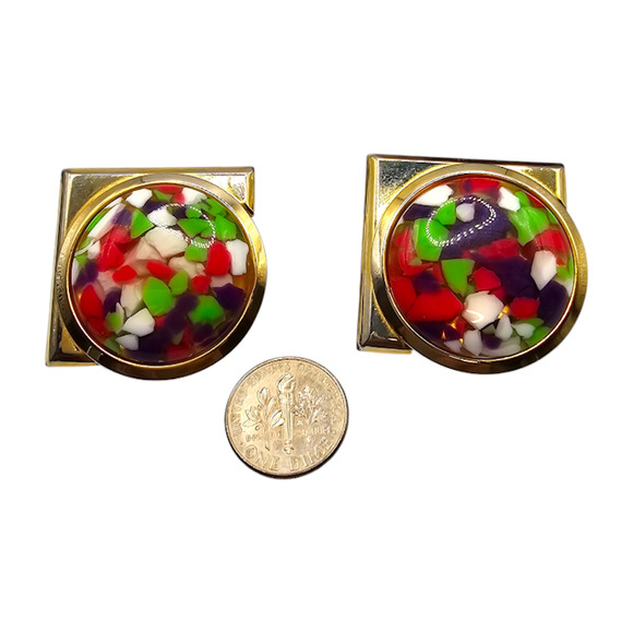 Clip-On Earrings Confetti Mosaic Multicolor Bold Retro Statement Gold Tone - Picture 7 of 7